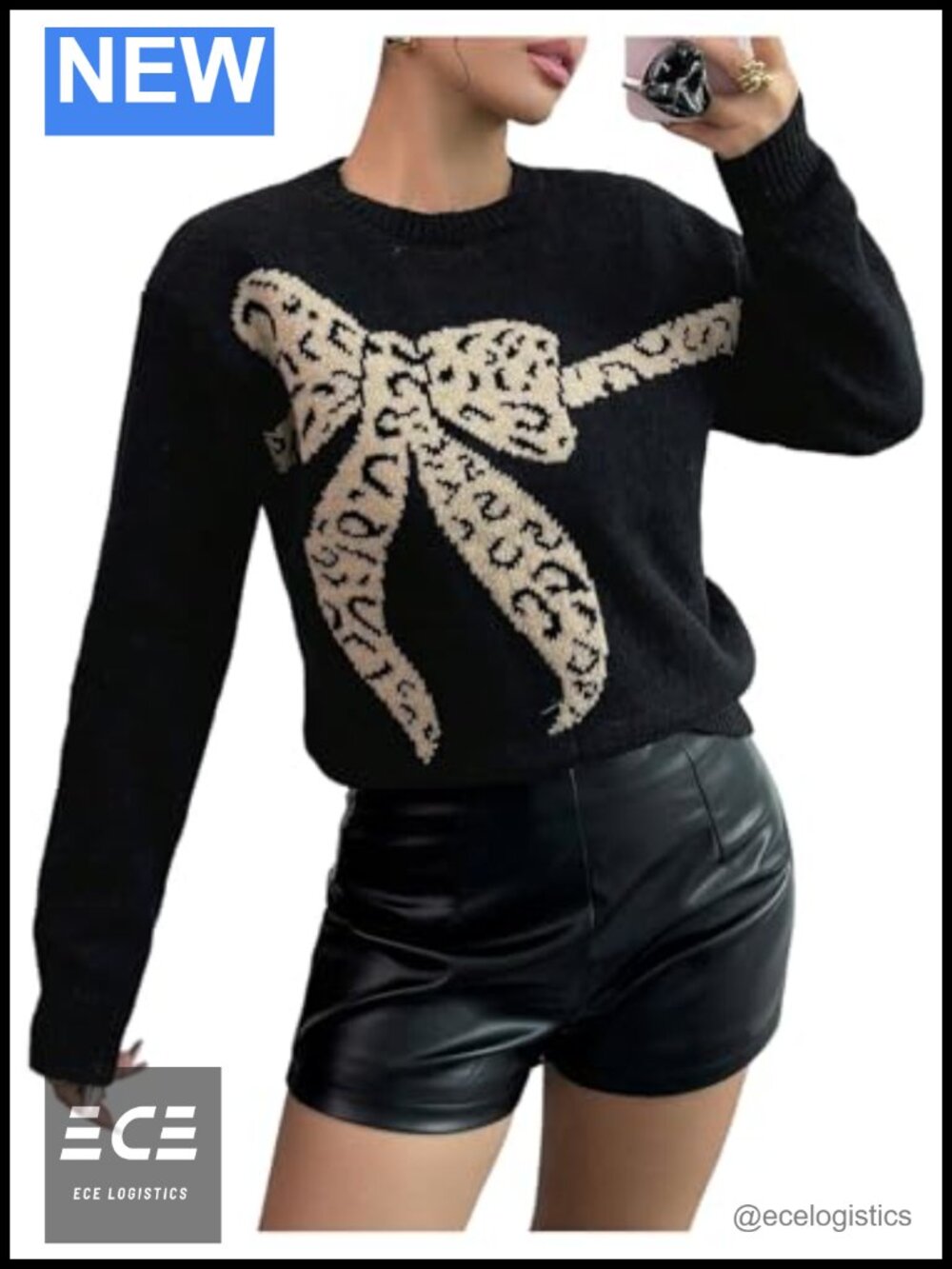 Leopard Bow Graphic Crew Neck Long Sleeve Pullover Knit Sweater